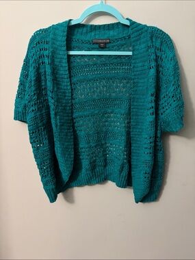Covington Teal Open-Weave Short Sleeve Cardigan